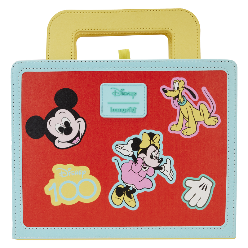 Back image of our Loungefly Disney Mickey & Friends Lunchbox Journal, featuring Mickey Mouse and friends as stickers against a red background with teal trim